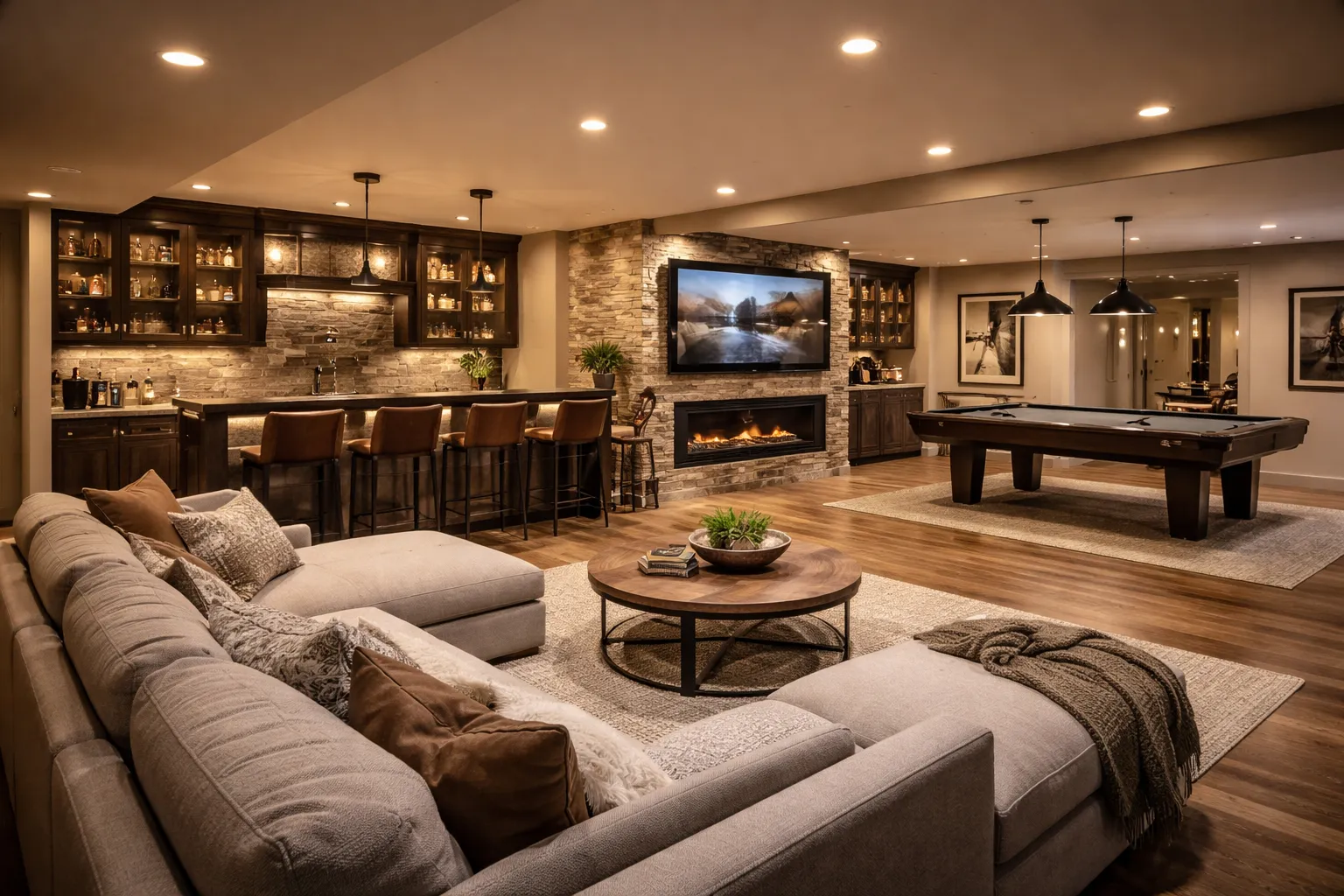 Modern basement remodeling with custom bar design in Cherry Hill NJ