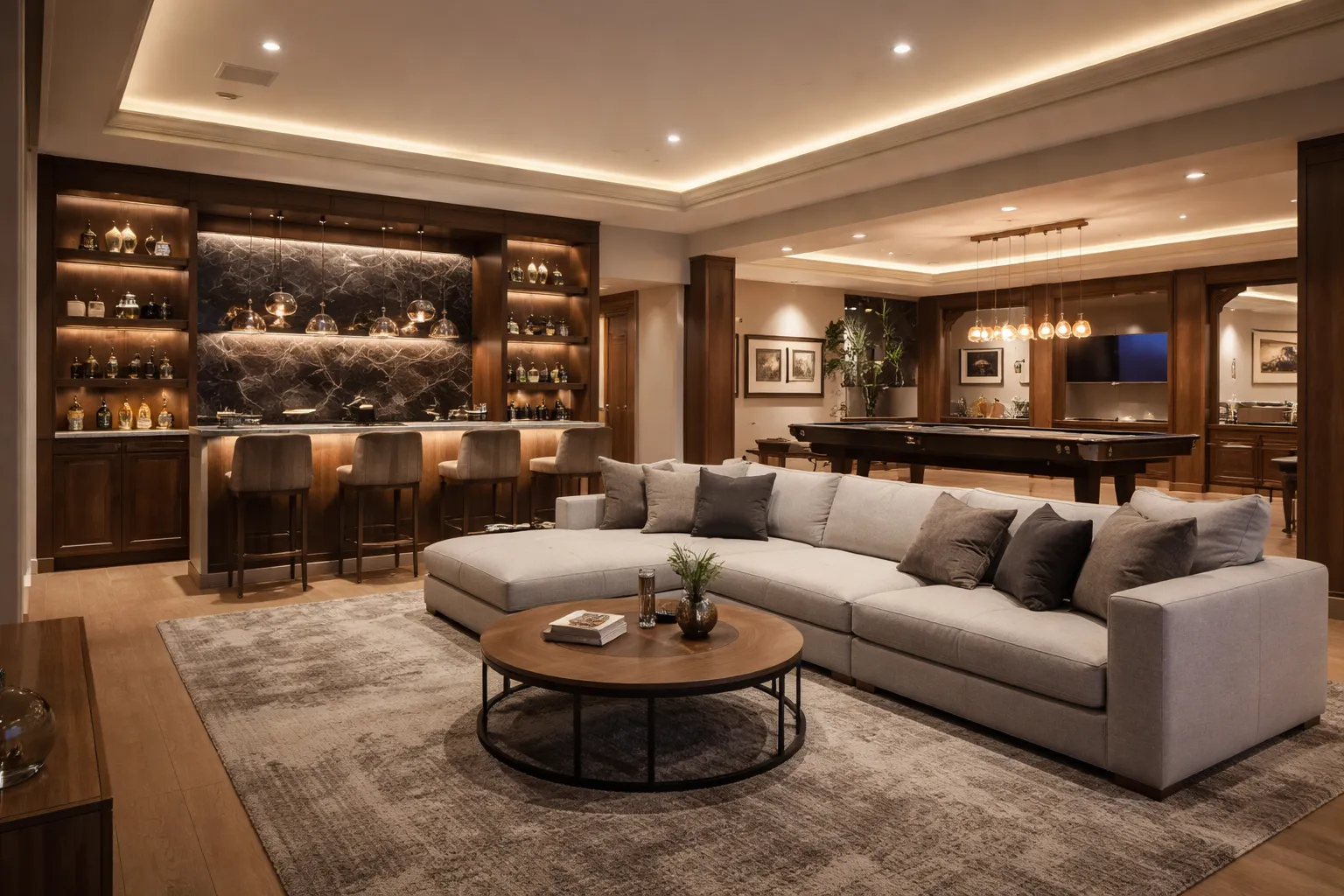 Premium basement renovation with home theater and bar in Cherry Hill NJ