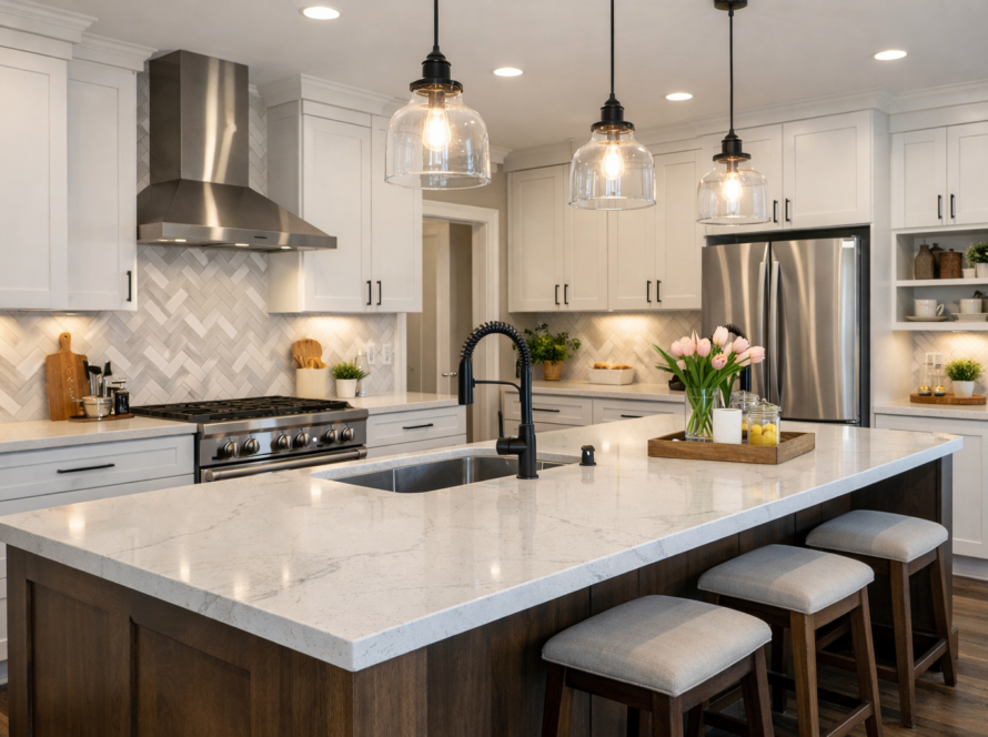 Modern kitchen remodeling project in Cherry Hill NJ with shaker cabinets and quartz countertops